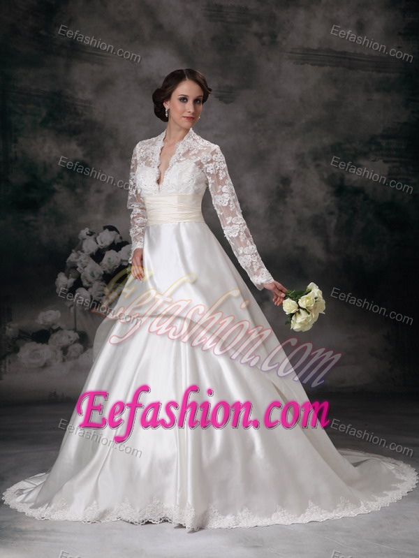 Affordable Plunging Prom Wedding Dress in Lace and with Long Sleeves