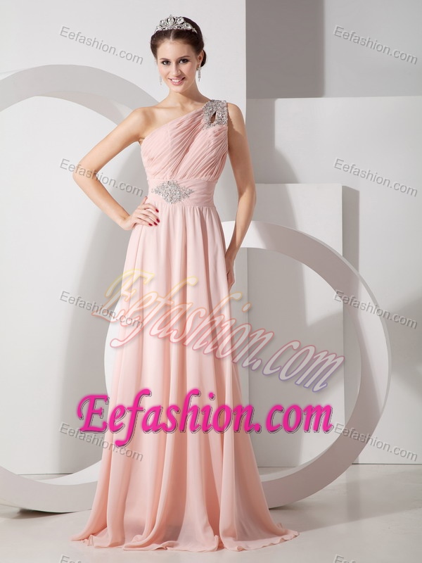 One Shoulder Ruched Popular Brush Train Prom Court Dresses in Baby Pink