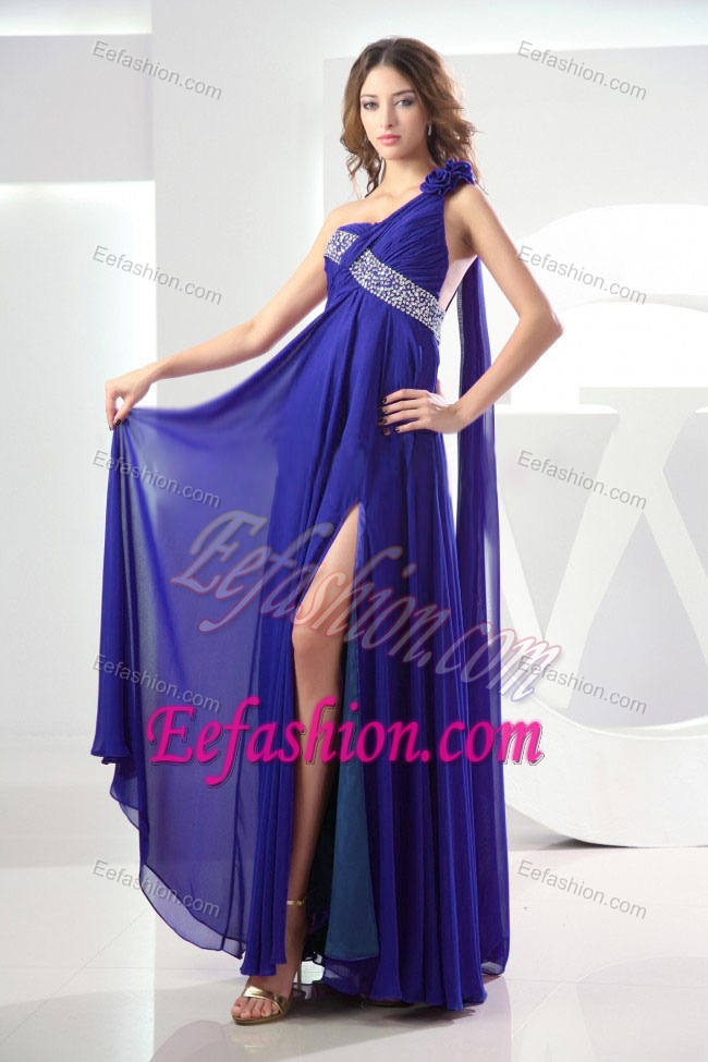 Discount Royal Blue Ruched Watteau Train Prom Formal Dress with High Slit
