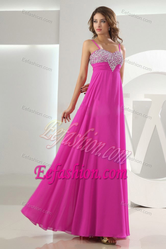 Sweet Spaghetti Fuchsia Zipper-up Long Prom Pageant Dresses with Beading