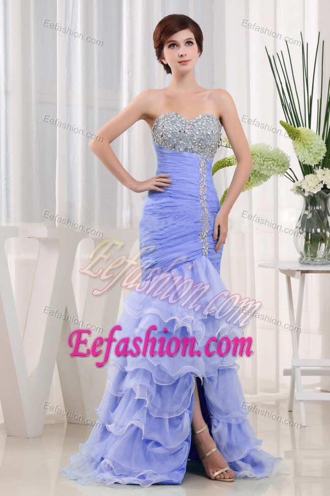 Popular Sweetheart Lace-up Beaded and Ruffled Prom Party Dresses in Lilac