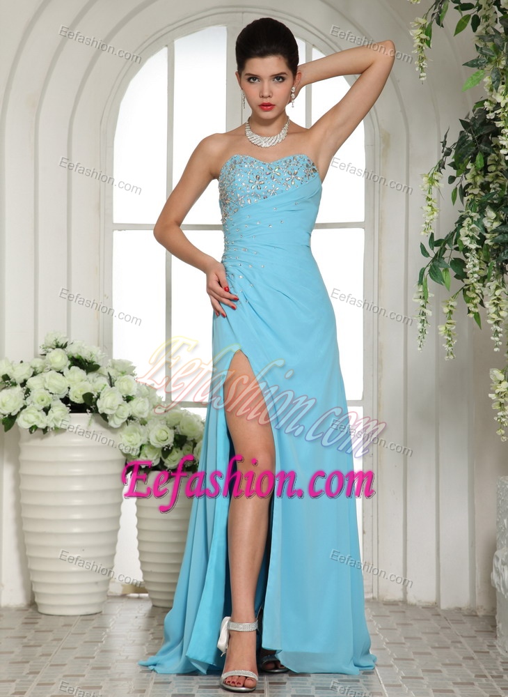 Charming Sweetheart Beaded High Slit Summer Dress for Prom in Aqua Blue