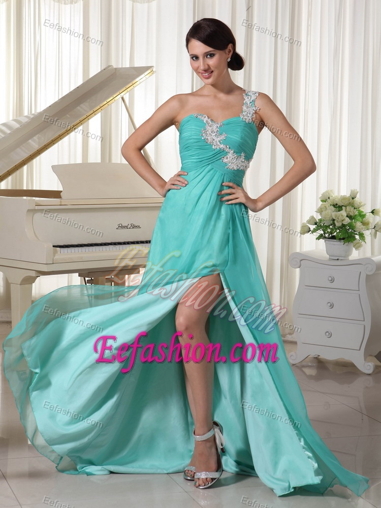 Turquoise Appliqued One Shoulder Prom Dress with Side Slit in Elastic Woven Satin