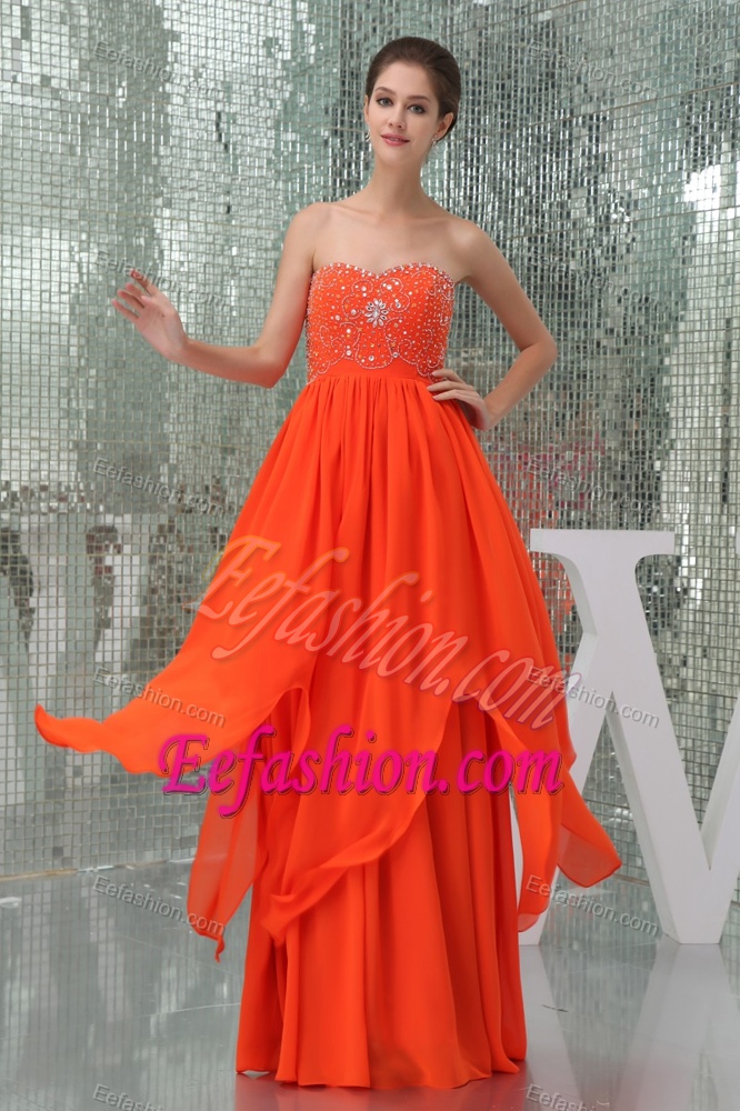 Coral Red Sweetheart Beaded Chiffon Celebrity Prom Dress with Ruching for Cheap
