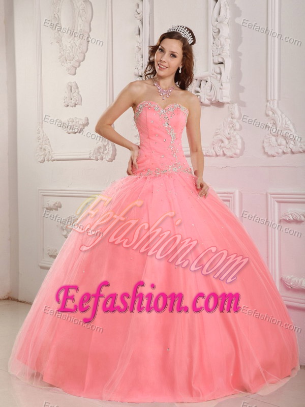 Bright Ball Gown Sweetheart Tulle Appliqued Quinces Dresses in Watermelon Red