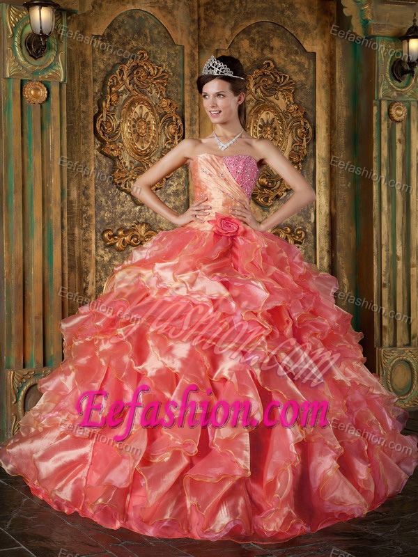 High End Strapless Sweet Sixteen Dresses with Beading and Ruffles in Coral Red