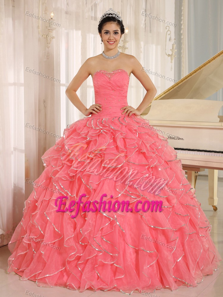 Watermelon Sweetheart Organza Quinceanera Dresses with Ruffles and Beading