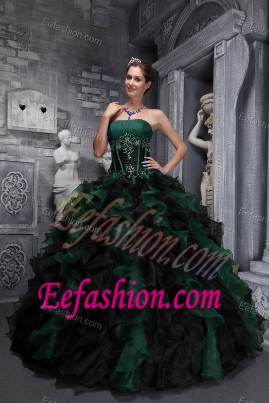 Strapless Hunter Green and Black Quinceanera Dress with Ruffles and Appliques