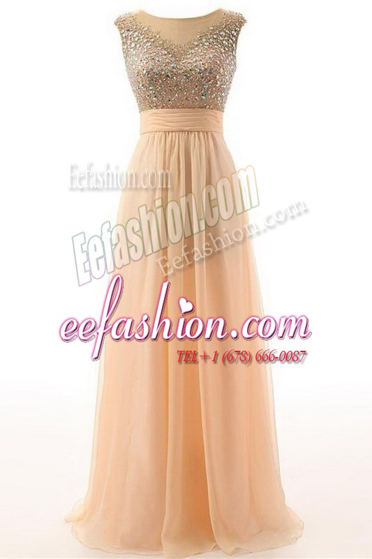 Super Scoop Floor Length Backless Prom Party Dress Peach for Prom and Party with Beading and Belt