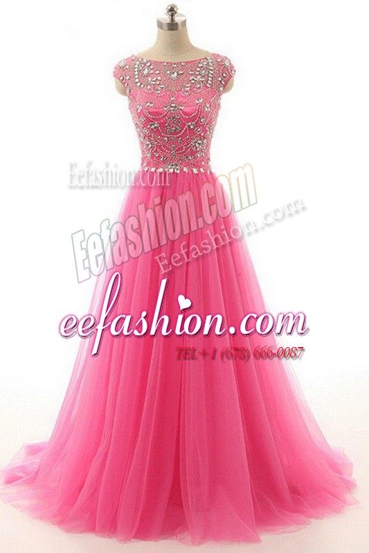 Luxury Hot Pink A-line Beading Prom Dresses Zipper Lace Short Sleeves Floor Length