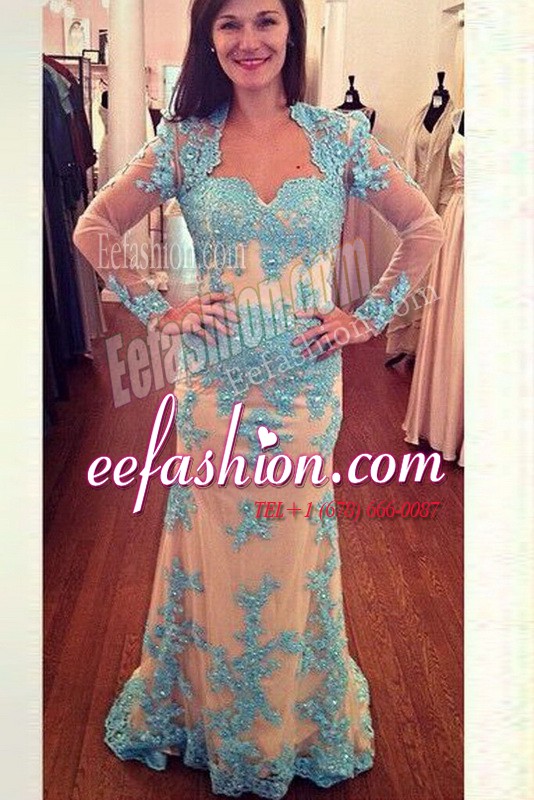  With Train Column/Sheath Long Sleeves White and Blue Prom Gown Brush Train Zipper