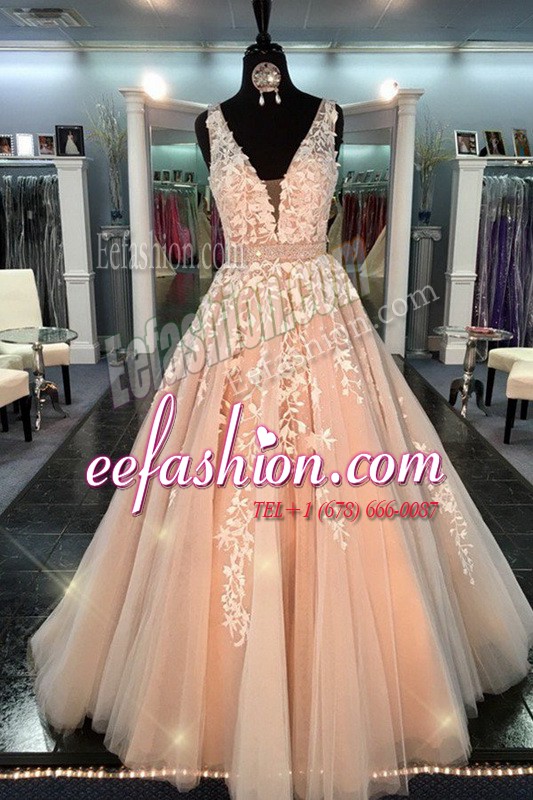  Chiffon Straps Sleeveless Zipper Lace Dress for Prom in Peach