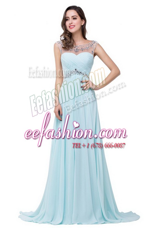  Light Blue Prom Evening Gown Prom and Party and For with Beading Scoop Sleeveless Brush Train Zipper