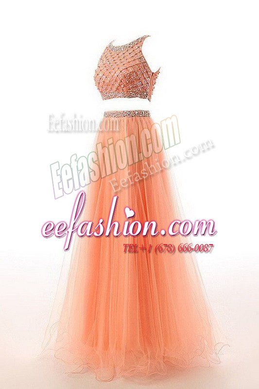 Lovely Orange Scoop Neckline Beading and Belt Prom Dresses Sleeveless Side Zipper