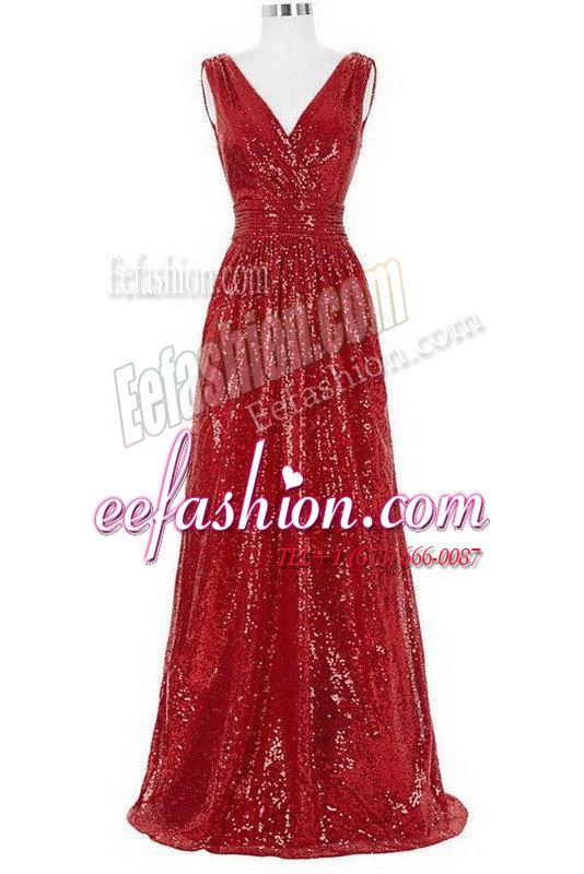  Red Sequined Zipper Oscars Dresses Sleeveless With Brush Train Sequins