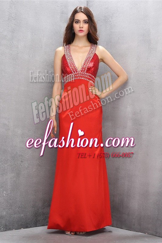 Suitable Beading Celebrity Style Dress Coral Red Criss Cross Sleeveless Floor Length