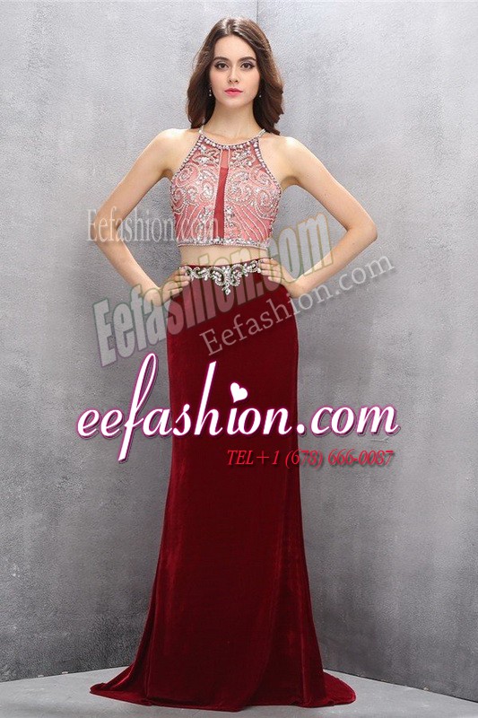  Burgundy Scoop Criss Cross Beading and Appliques Dress for Prom Brush Train Sleeveless