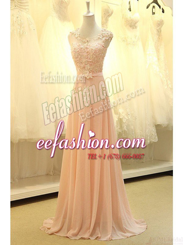 Custom Design Peach Empire Scoop Sleeveless Organza Sweep Train Zipper Appliques and Belt Prom Party Dress