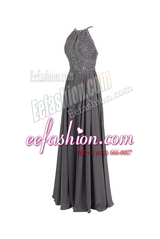  Sleeveless Chiffon Floor Length Zipper Prom Dresses in Grey with Beading
