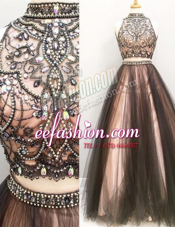 Simple Brown Prom Party Dress Prom and Party and For with Beading and Ruching High-neck Sleeveless Zipper