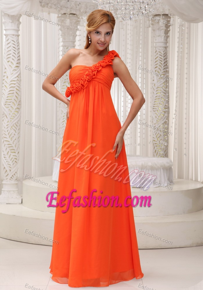 Orange One Shoulder Chiffon Bridemaid Dress with Hand Made Flower