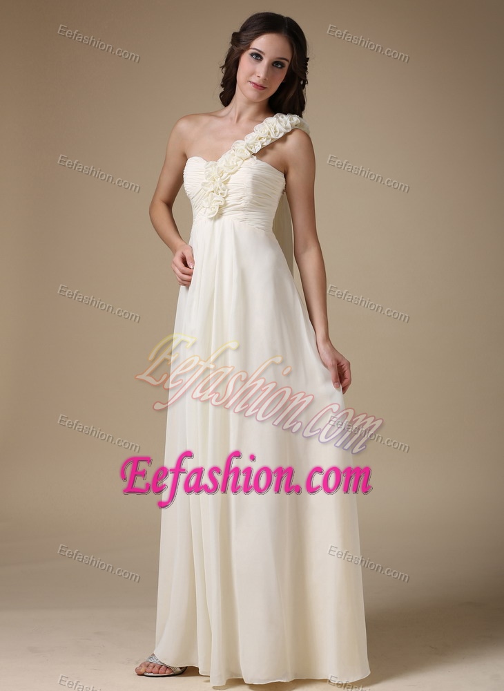 White Empire One Shoulder Long Maid of Honor Dress with Flowers