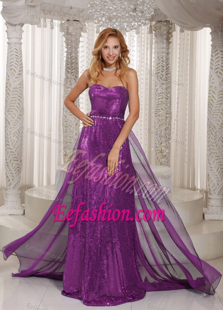 Sweetheart Brush Train Purple Sequin and Chiffon Pageant Dress for Cheap