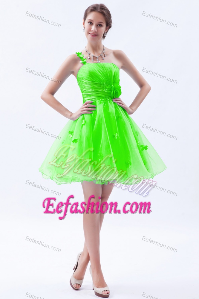 One Shoulder Mini-length Spring Green Pageant Dress for Girls with Flowers