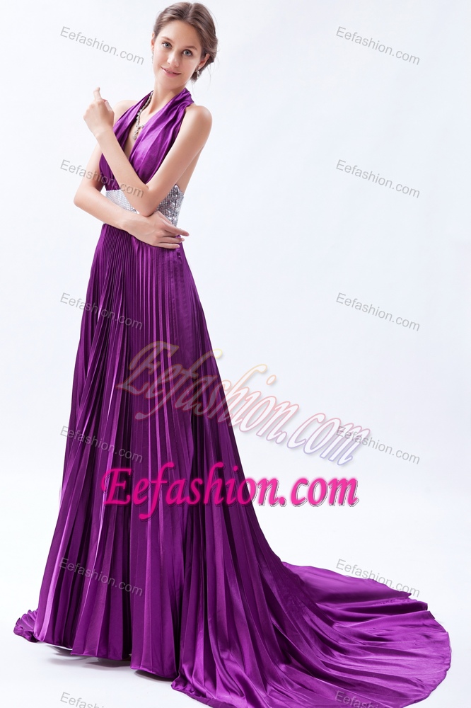 Halter Plunging Neckline Brush Train Purple Ruched Pleated Pageant Dresses