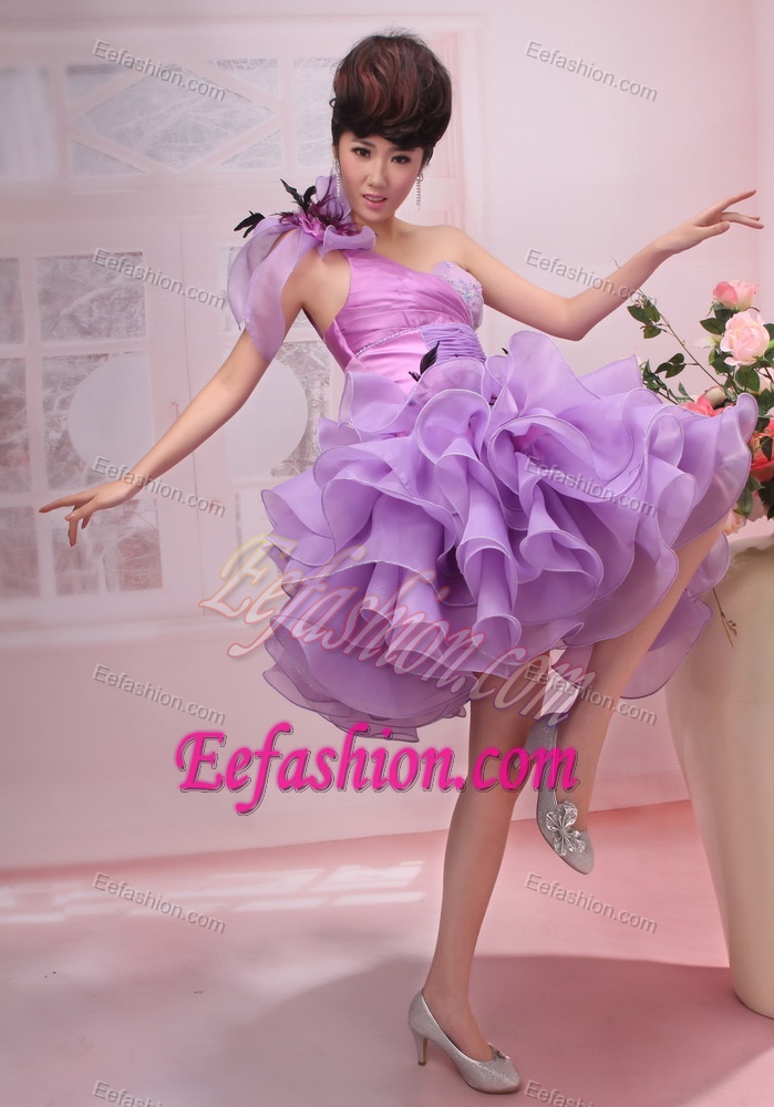 Lavender One Shoulder Mini-length Pageant Dresses with Flower and Ruffles