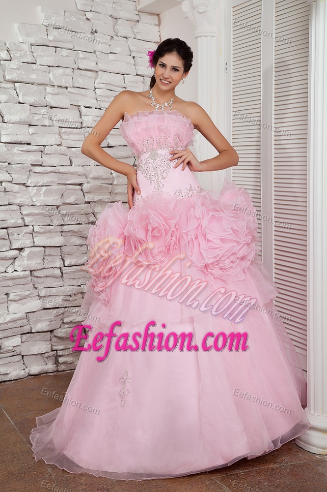 2012 Attractive Strapless Organza Beaded Girl Pageant Dresses in Baby Pink