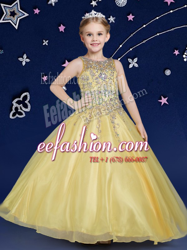 New Style Scoop Gold Ball Gowns Beading Pageant Dress for Womens Zipper Organza Sleeveless Floor Length