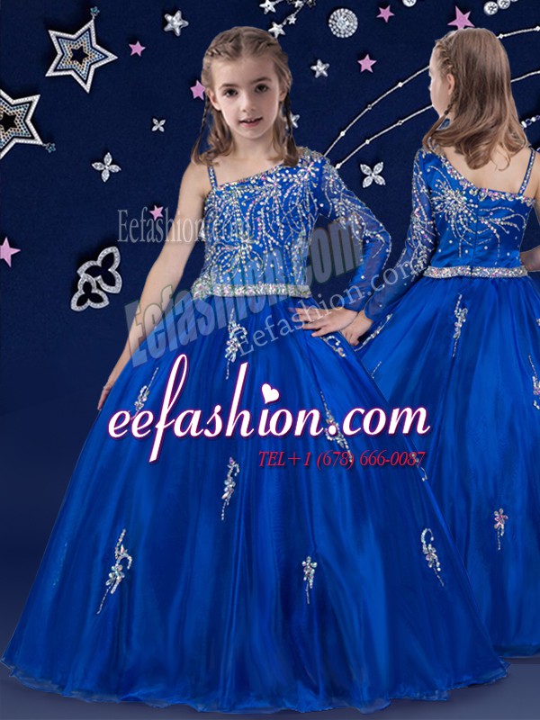 Royal Blue Sleeveless Beading Floor Length Little Girls Pageant Gowns
