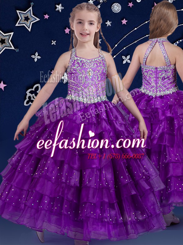  Halter Top Eggplant Purple Zipper Pageant Gowns For Girls Beading and Ruffled Layers Sleeveless Floor Length