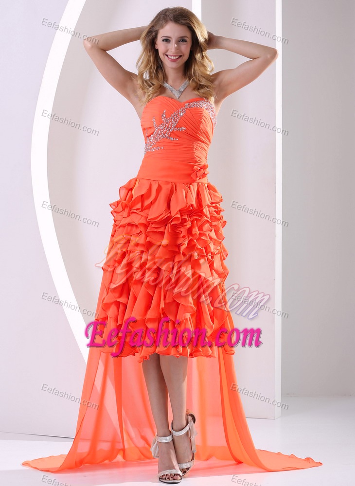 Orange Red Chiffon Sweetheart Beaded and Ruffled Evening Party Dresses