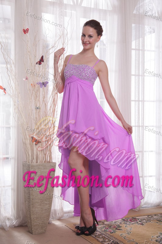 Purple Empire Straps High-low Chiffon Prom Party Dresses with Beading