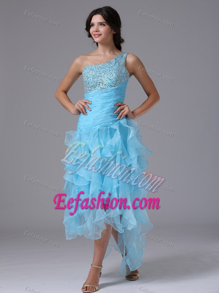 High-low One Shoulder Cocktail Party Dresses with Beading in Aqua Blue