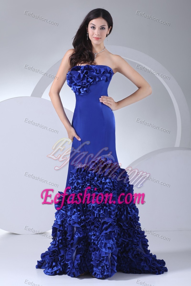 Strapless Royal Blue Wedding Party Dress with Rolling Flowers in Taffeta