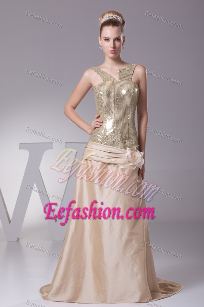Champagne Sequin and Cocktail Party Dress with Flower and Sash