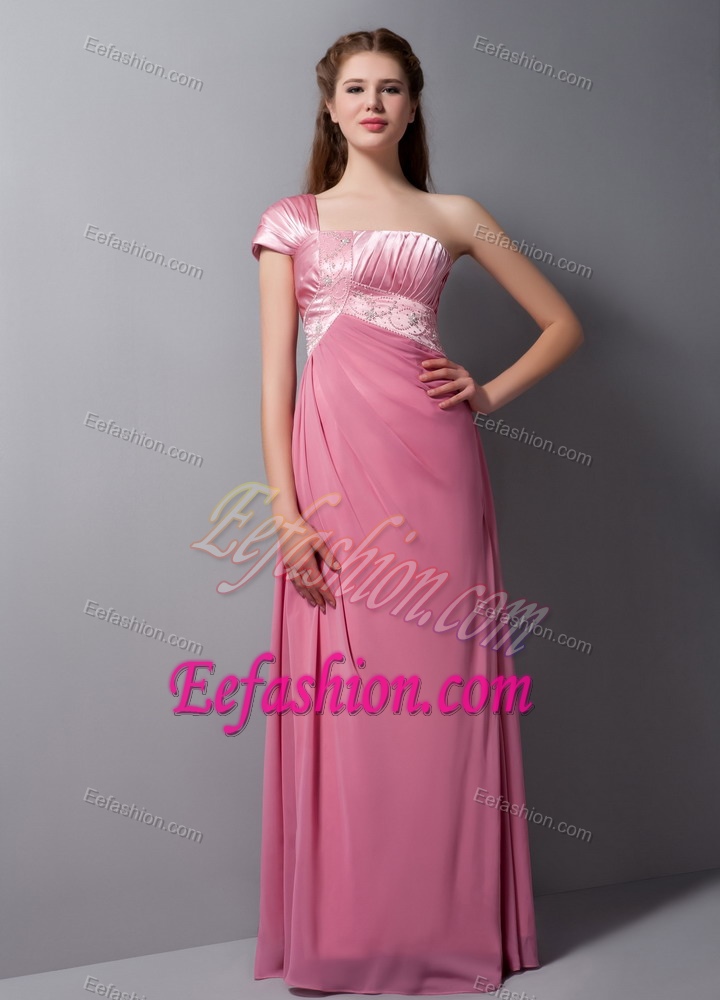 One Shoulder Ruched Bridesmaid Dress for Wedding in Rose Pink with Beads