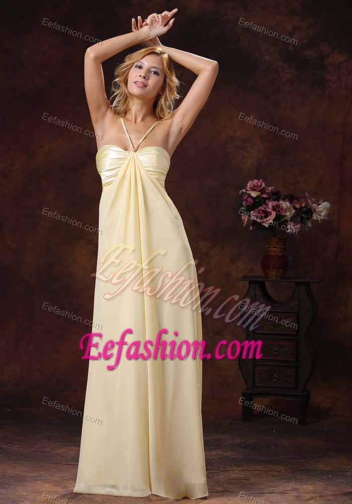 Glitz Straps Long Chiffon Bridesmaid Dress with Ruches in Light Yellow