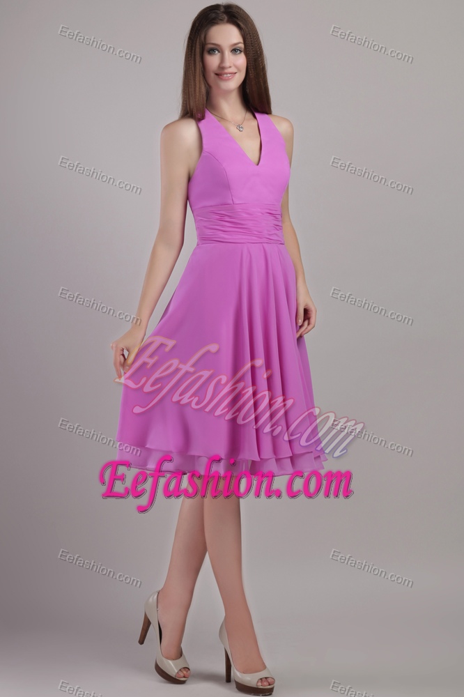 Halter Top Knee-length Chiffon Dress for Bridesmaid with Ruches in Lavender