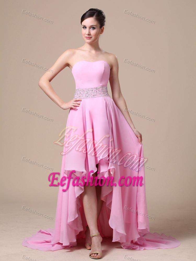 High-low Baby Pink Prom Dress with Beaded Waist in the Mainstream