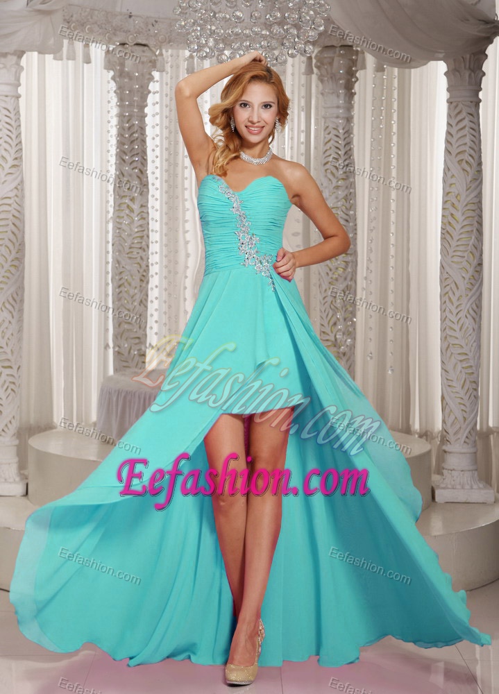 Glitz High-low Sweetheart Prom Dress with Ruches and Appliques in Aqua Blue