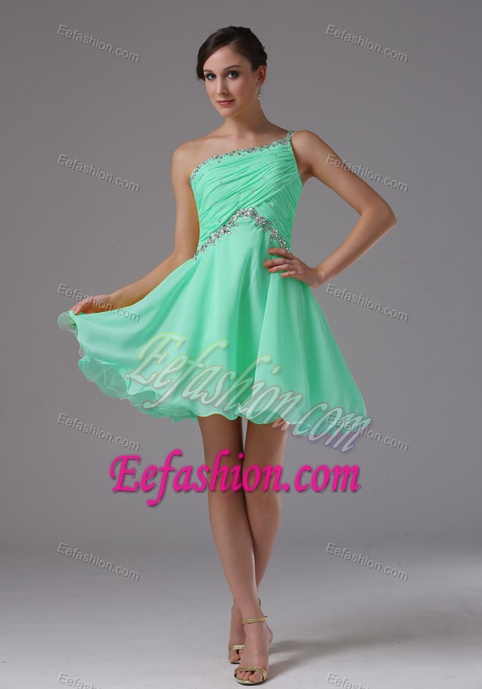 Apple Green One Shoulder Mini-length Ruched Beaded Prom Dress for Cocktail