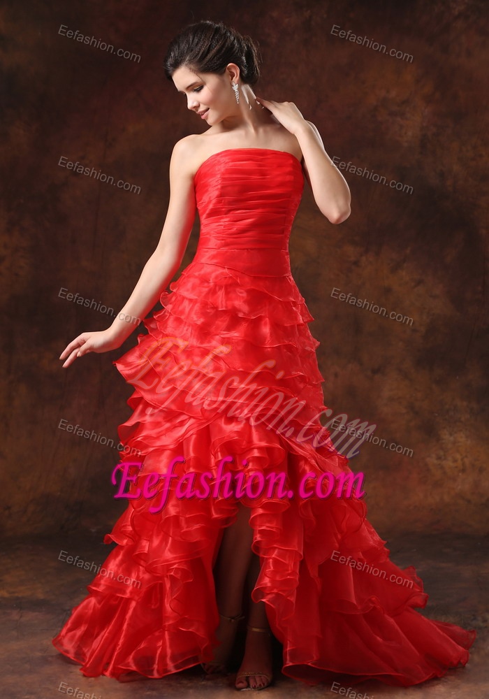 Strapless High-low Red Organza Ruched Prom Homecoming Dress with Ruffles