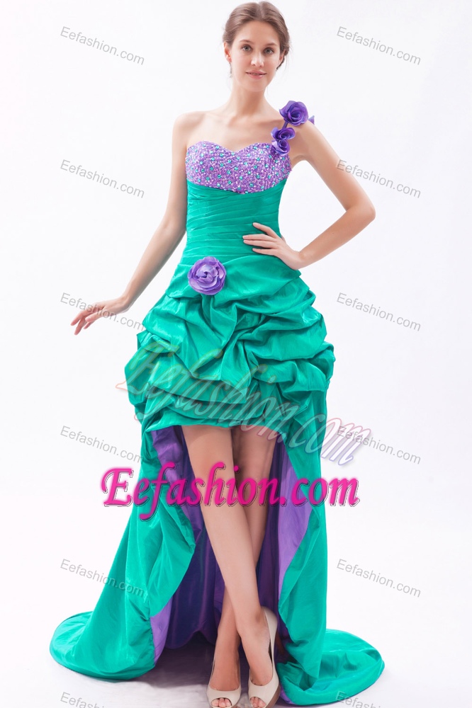 One Shoulder High-low Green and Purple Prom Dress with Pick-ups and Flower