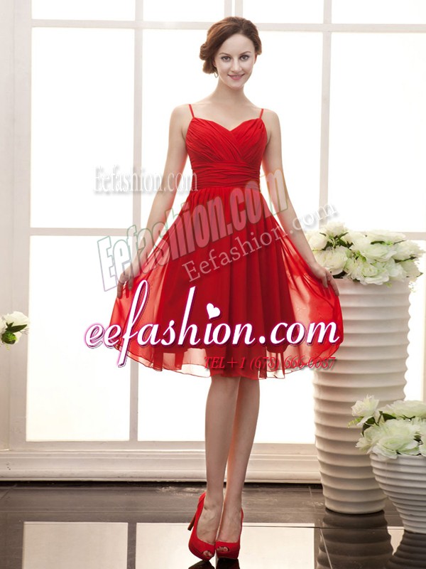  Wine Red Spaghetti Straps Neckline Ruching Prom Party Dress Sleeveless Zipper