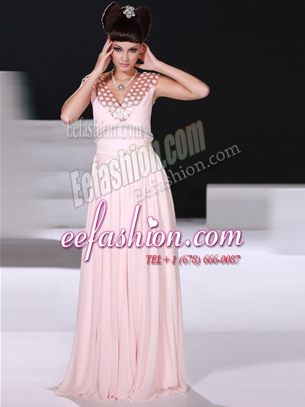  Baby Pink Chiffon Zipper V-neck Sleeveless Floor Length Homecoming Dress Beading