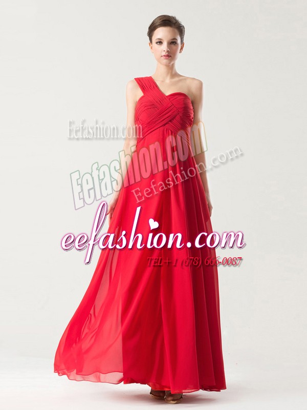  Red Zipper One Shoulder Ruching Party Dress for Girls Chiffon Sleeveless